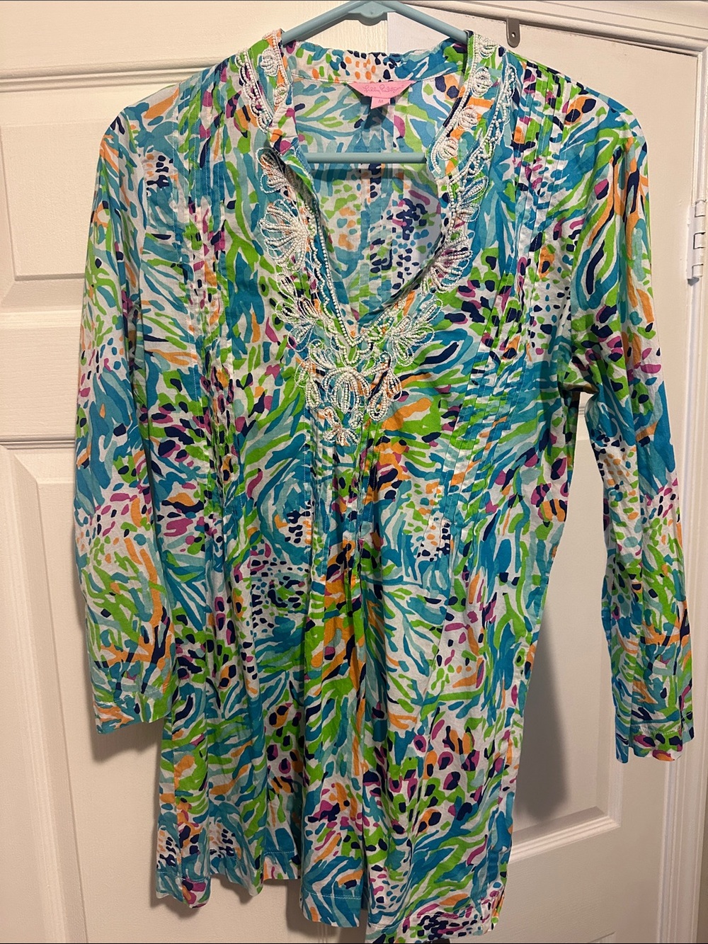 Lilly Pulitzer Blue Green Multicolor Floral-Print Tunic with Embroidered V-Neck